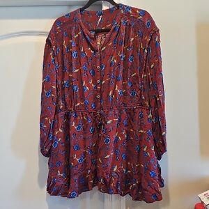 Free People Red and Blue Floral Long Sleeve Top